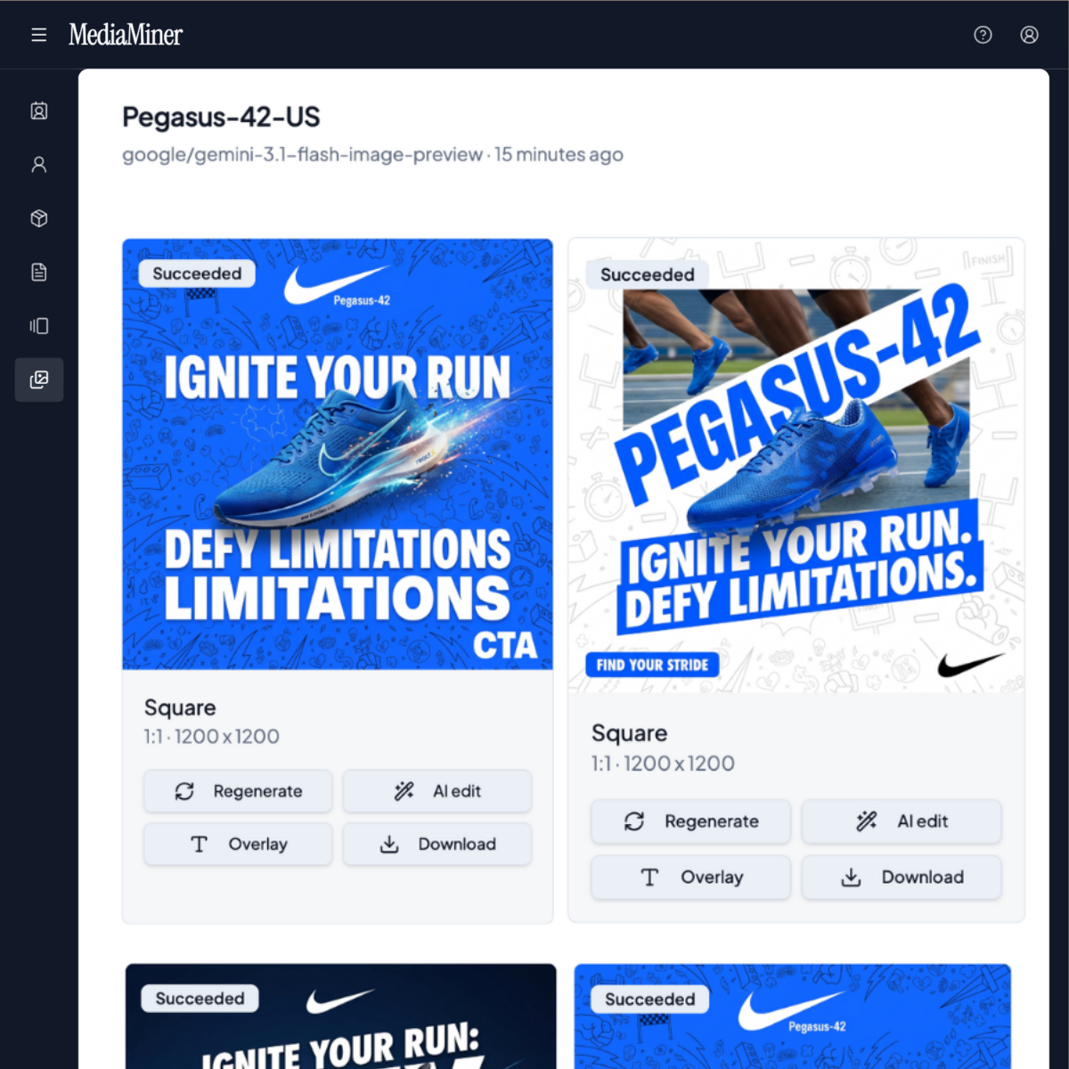 MediaMiner Ads view showing static ad production runs