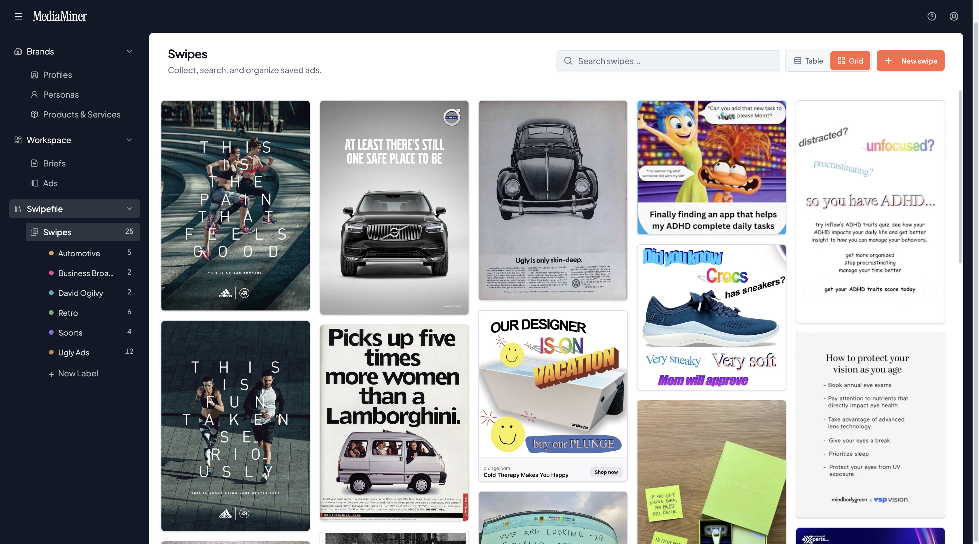 MediaMiner Swipes view showing a large swipe file of saved ad inspiration