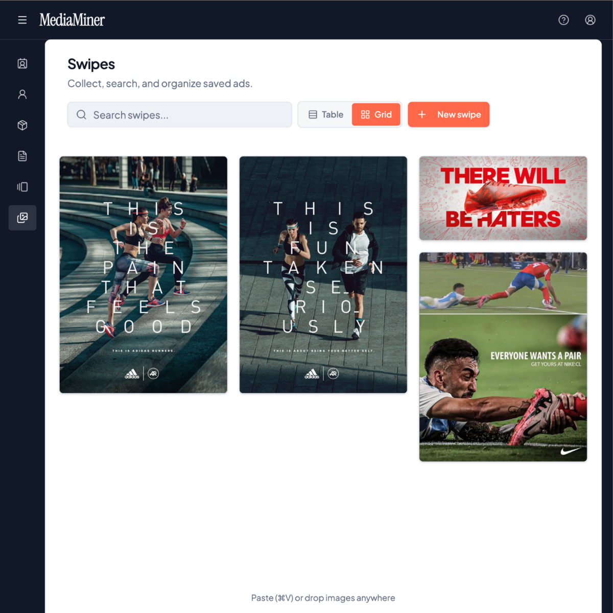 MediaMiner Swipes view showing saved ad screenshots and labels